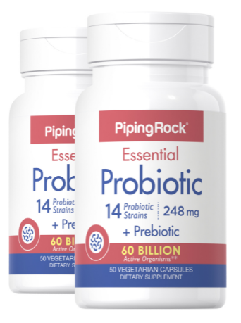 Essential Probiotic 14 Strains 60 Billion Organisms + Prebiotic, 50 Vegetarian Capsules, 2 Bottles